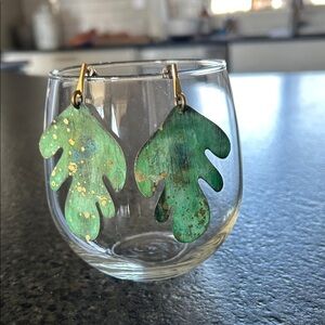 Hand Painted Brass Green Leaf-Shaped Earrings